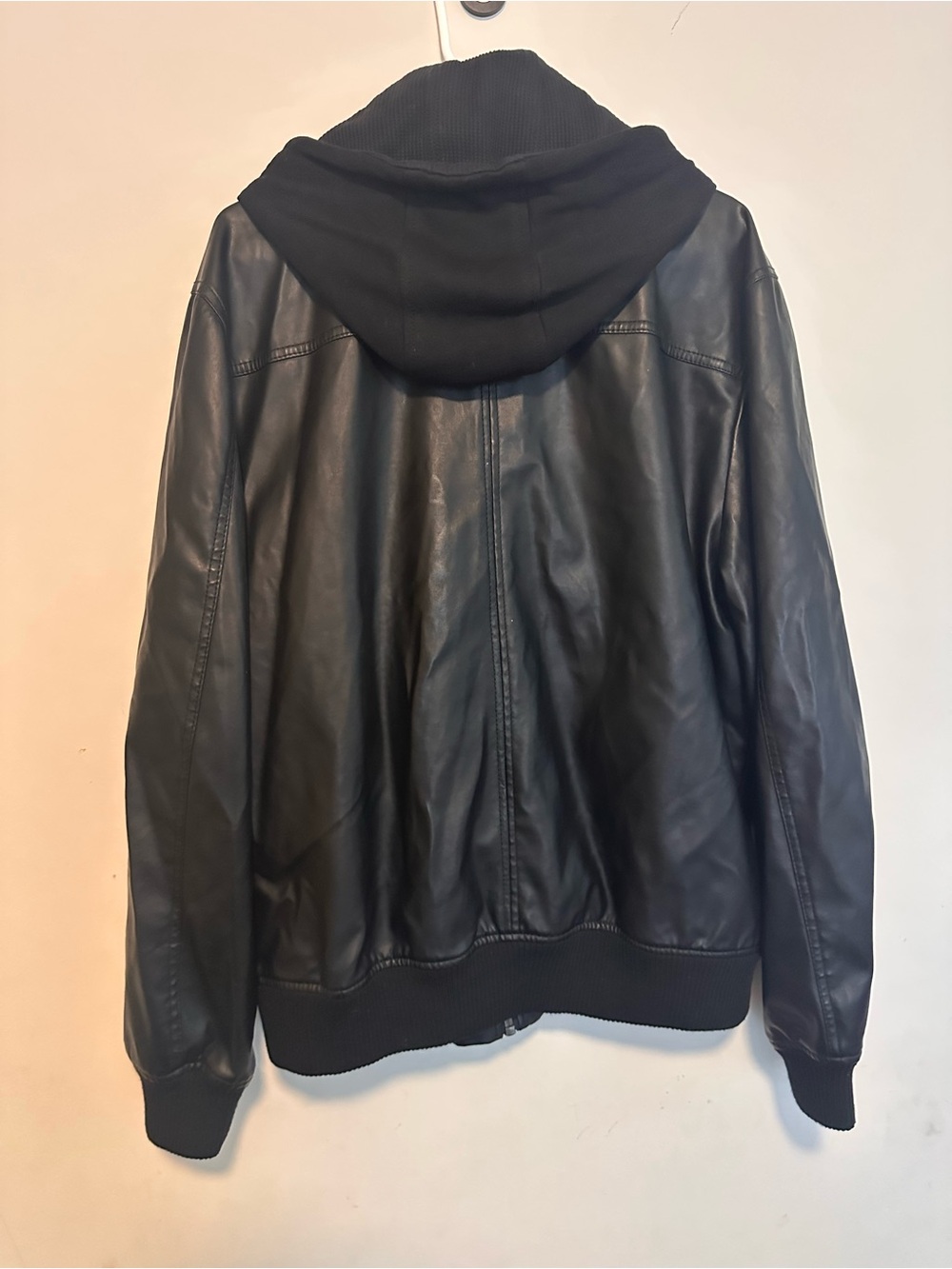 American Rag Black Faux Leather Hooded Bomber Jacket - Picture 2 of 5